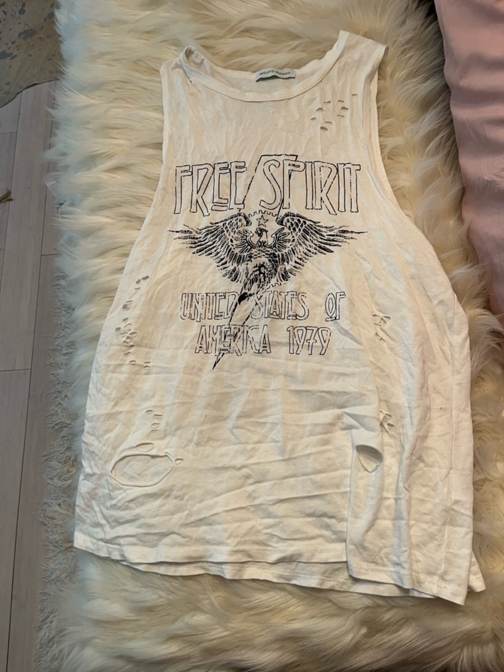 Free Spirit Distressed White Graphic Muscle Tank Top